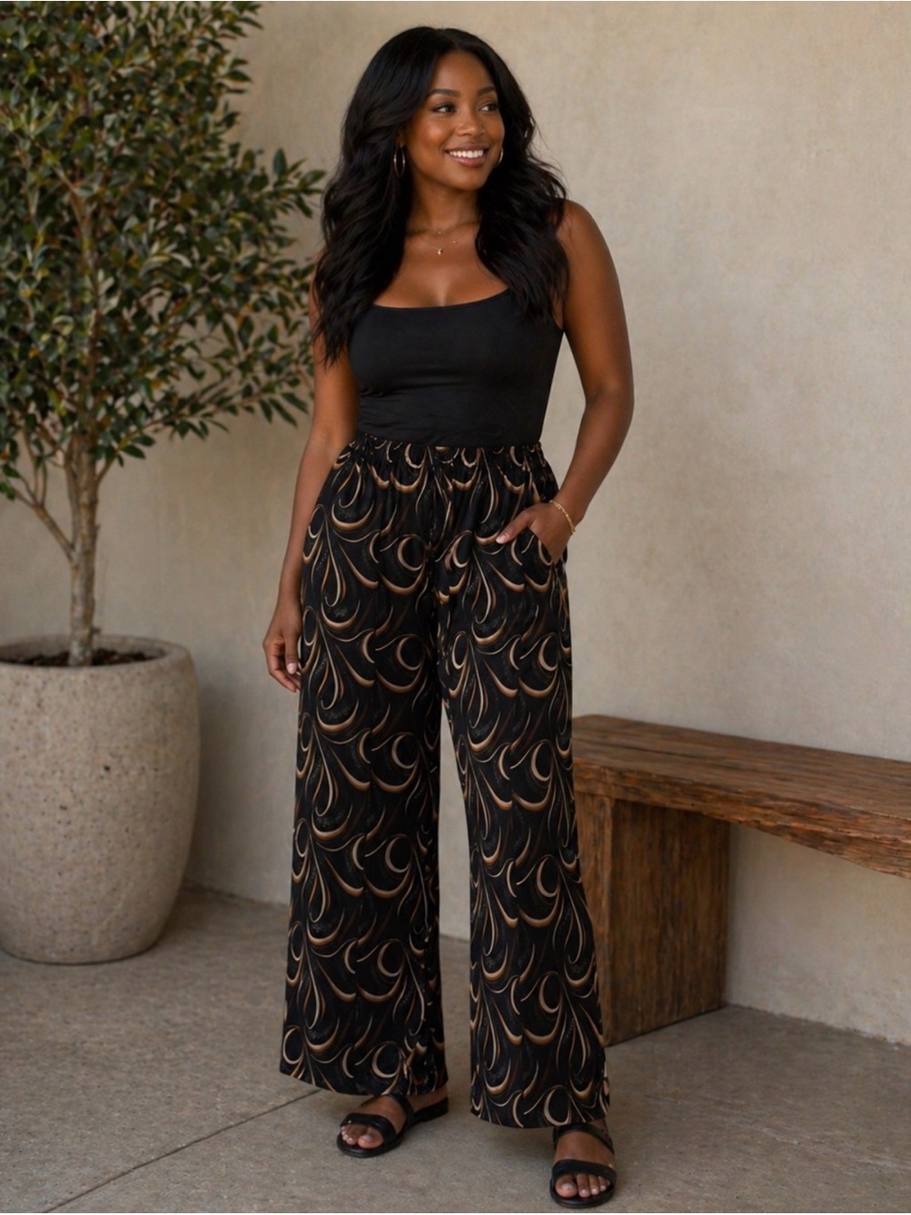 eesome Black Wide-Leg Palazzo Pants with Tan Swirl Print